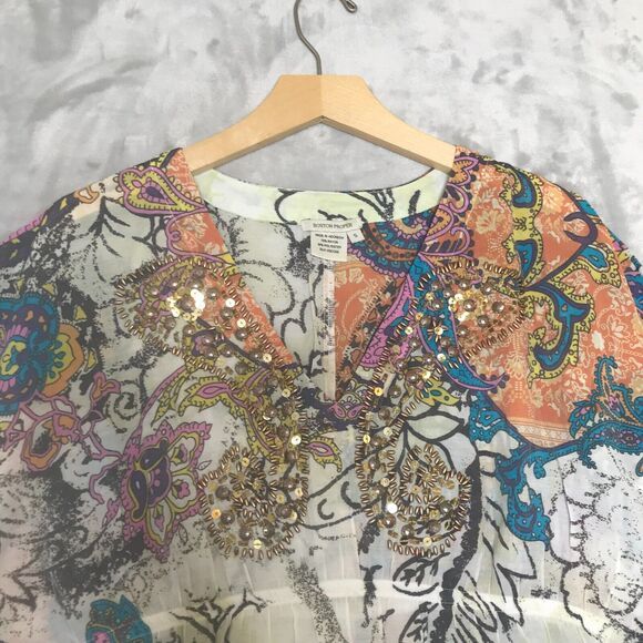 Boston Proper Top Womens Small Paisley Print Beaded Sequin Cap Sleeve V Neck - Picture 4 of 9
